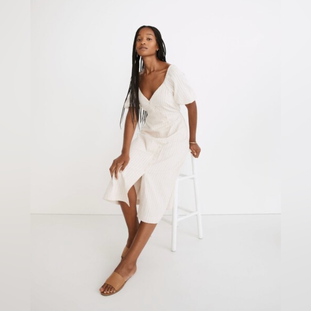 Madewell Puff-Sleeve Button-Wrap Midi Dress in Undyed Stripe in Natural Size 4